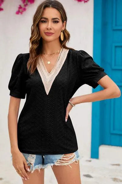 Eyelet V-Neck Short Sleeve T-Shirt Women's T-Shirts - Tophatter Daily Deals